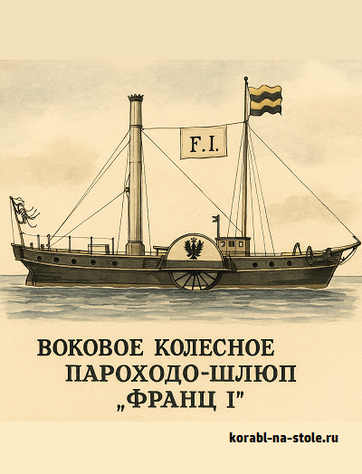 Чертёж модели Бокового колесного пароход-шлюпа Франц I / Side-wheel steamer war sloop FRANZ I для сборки и историческая справка