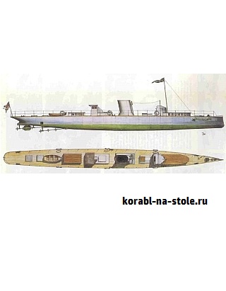 Чертёж модели Парового судна с турбинным двигателем Турбина / Turbine-engine steamer Turbina (1894) для сборки и историческая справка