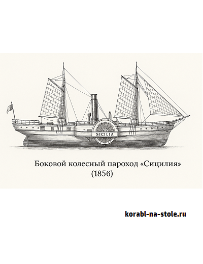 Чертёж модели Бокового колесного пароходо-судна Сицилия /Side-wheel steamer Sicilia (1856) для сборки и историческая справка