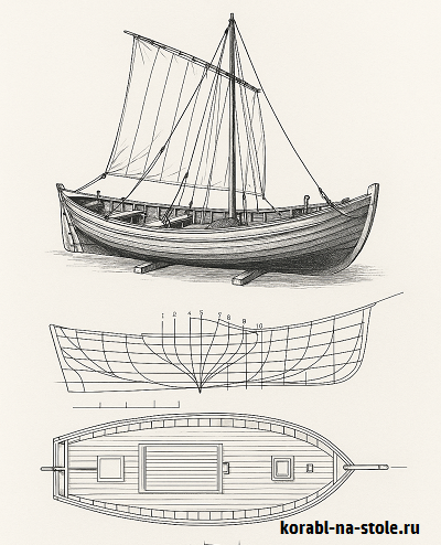Чертёж модели рыболовной и транспортной баржи / Barge barcazul din mangalia (1904) для сборки и историческая справка