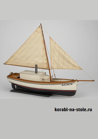 Чертёж модели Вспомогательной моторной лодки-толкача с парусным вооружением yawl CATHRYN для сборки и историческая справка